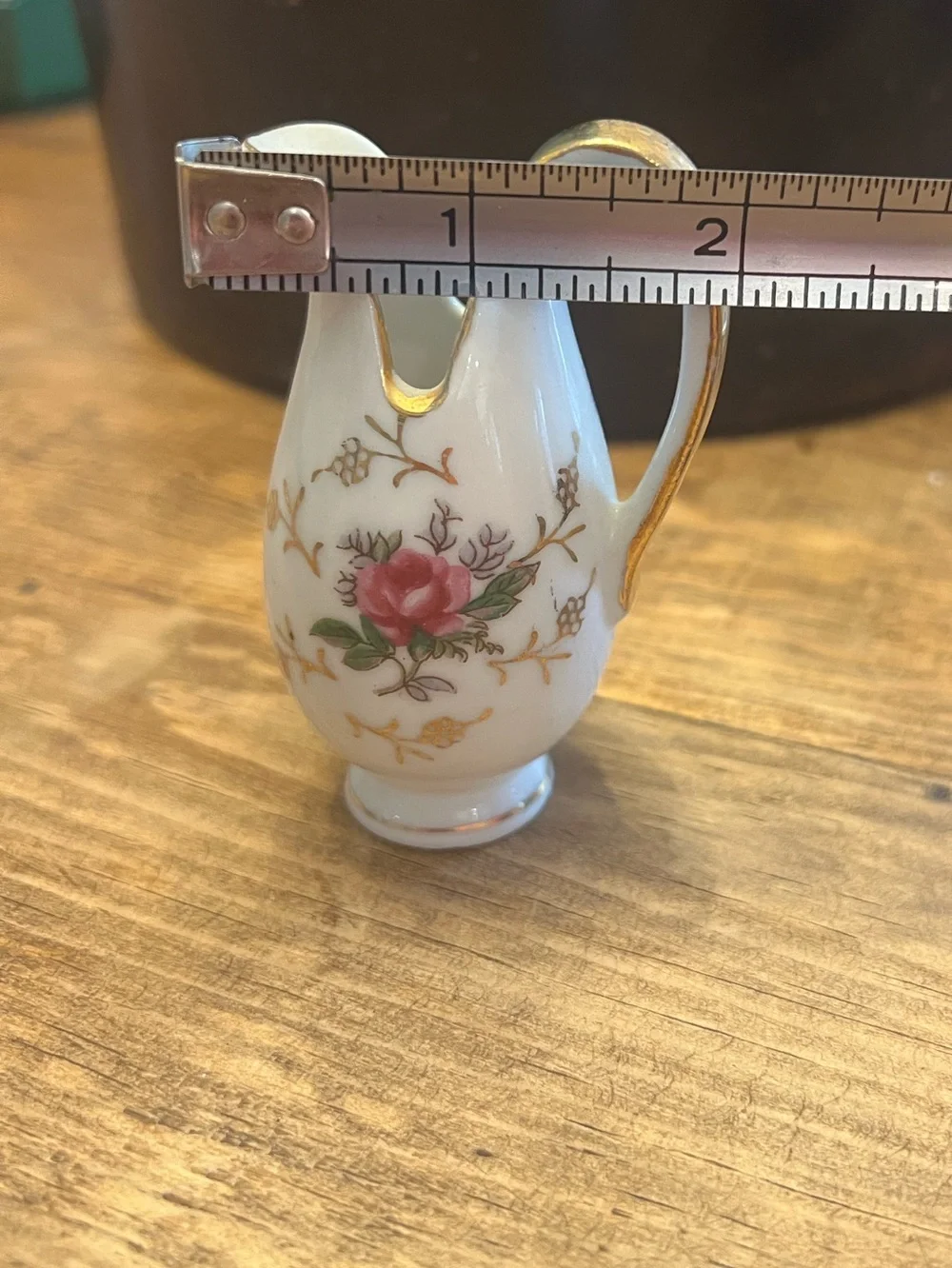 Vintage White Porcelain Mini Creamer with Pink Rose and Gold Trim